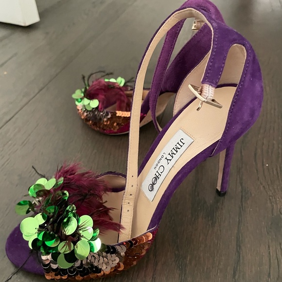 Gorgeous Jimmy Choo Annie NEW 36 purple sequin feather heel exotic - Picture 5 of 5